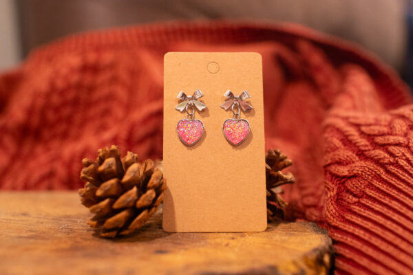 Medium Pink Druzy Heart Bow Earrings