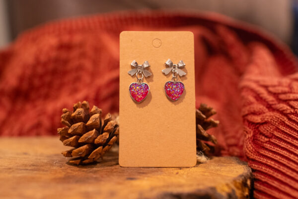 Hot Pink Druzy Heart Bow Earrings